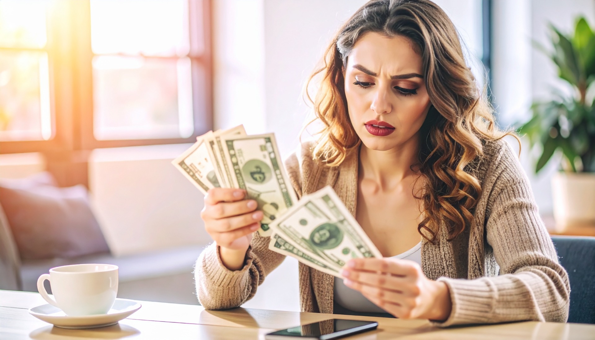 Woman in cozy sweater counts US dollar bills at a table near a cup, indoors.