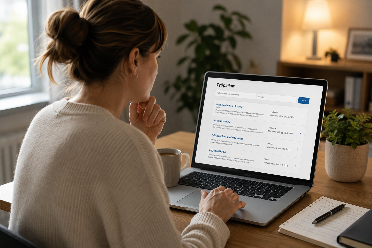 Woman working at laptop, viewing job listings on screen in a bright home office.
