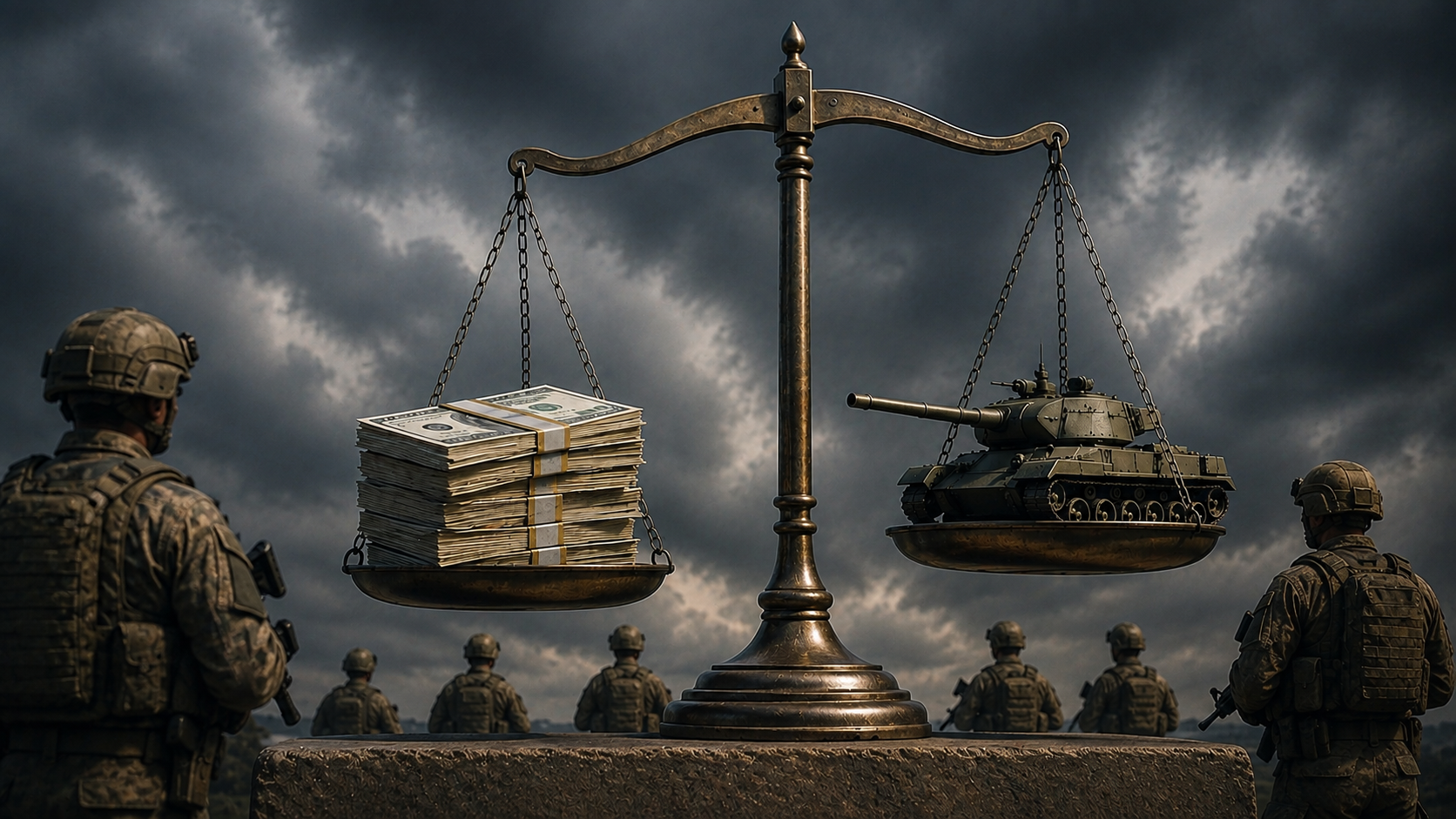 Soldiers in camouflage stand under a bronze scale balancing stacks of cash against a tank, stormy sky.