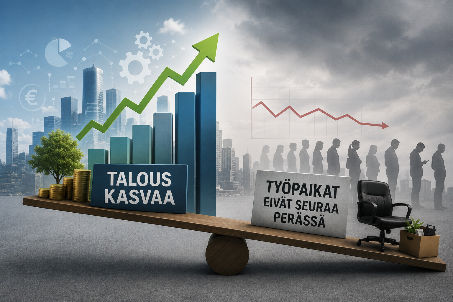 Office desk with coins and charts, green upward arrow, city skyline, and silhouettes with red declining graph.