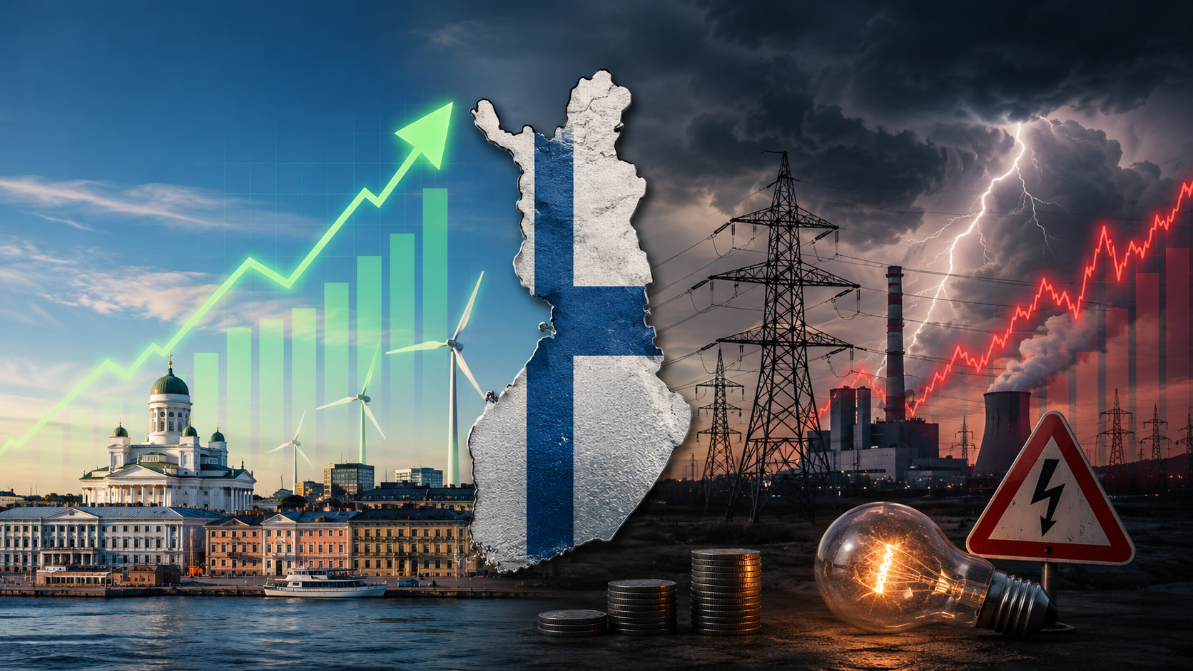 Finland map overlay with power lines, storm lightning, industrial plant, warning sign, and rising energy chart.