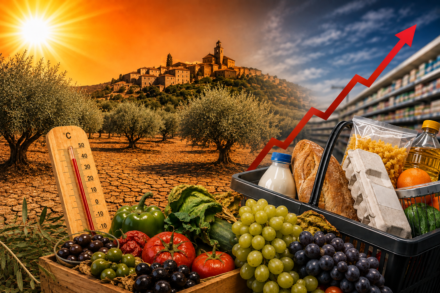 Sunlit drought landscape with thermometer, overflowing produce crates, and red upward arrow beside grocery items.