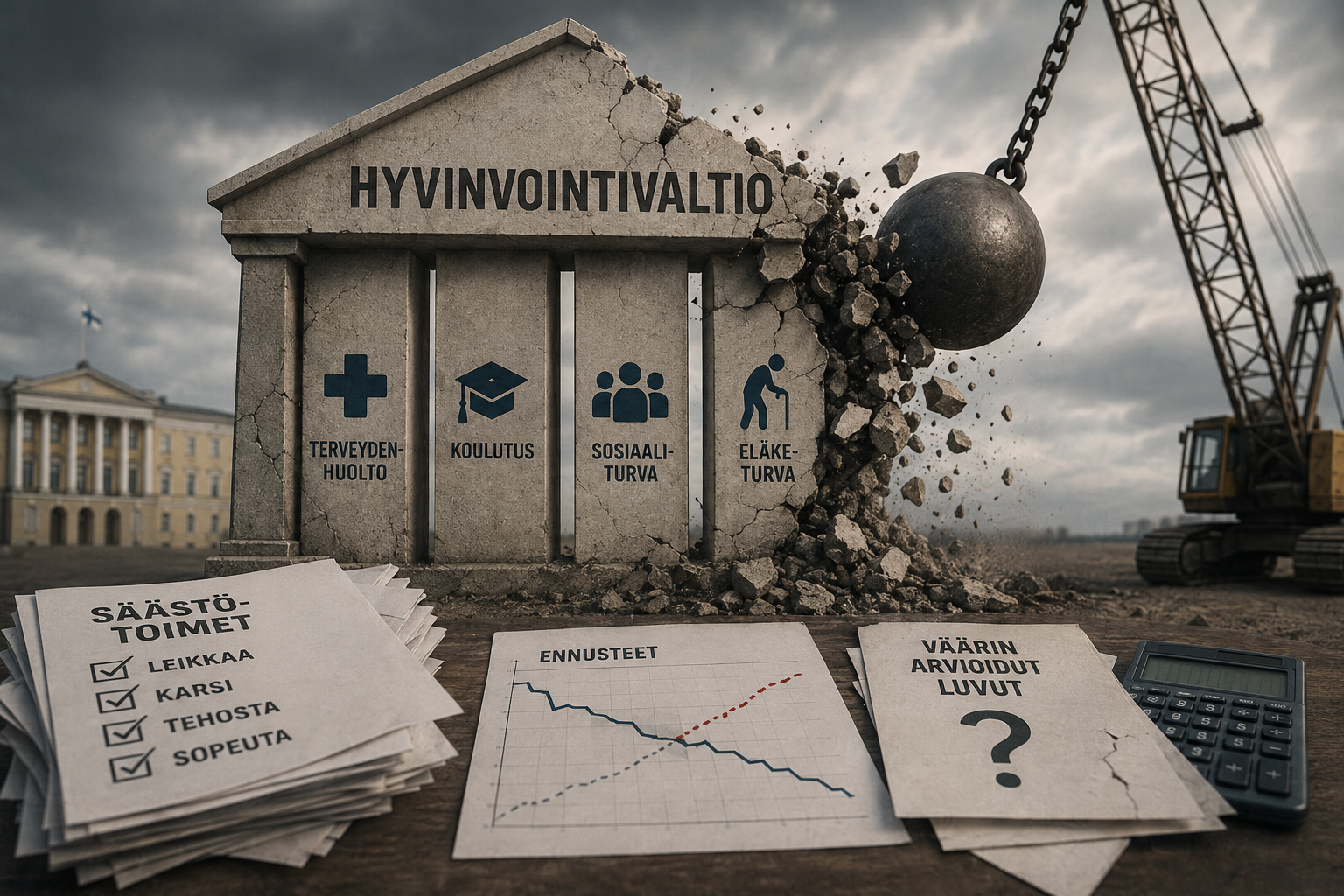 Concrete monument with cracked wall, icons, and a hanging wrecking ball smashing it, papers and charts below.