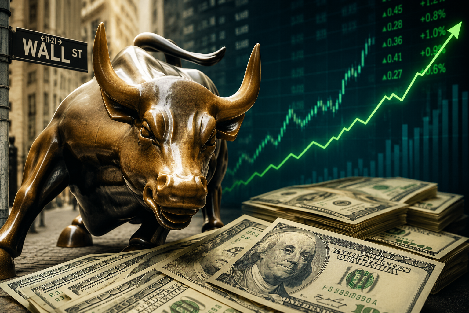 Golden bull statue crouches beside U.S. dollars, with green stock chart and Wall Street sign behind.