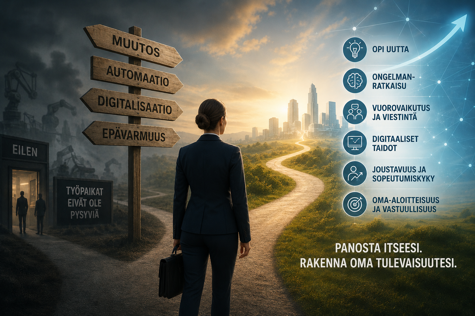 Businesswoman stands on road toward city skyline, with signpost and digital transformation icons in Finnish.