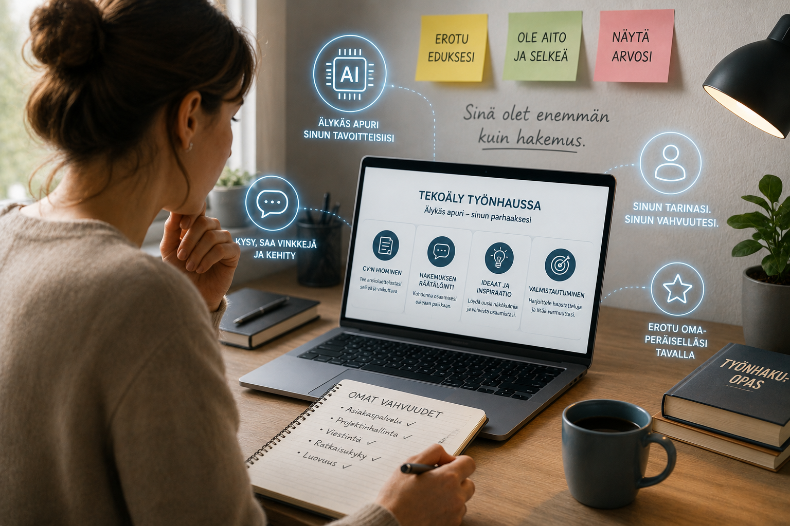 Woman working at laptop with AI coaching interface, sticky notes, and glowing speech icons on wall.