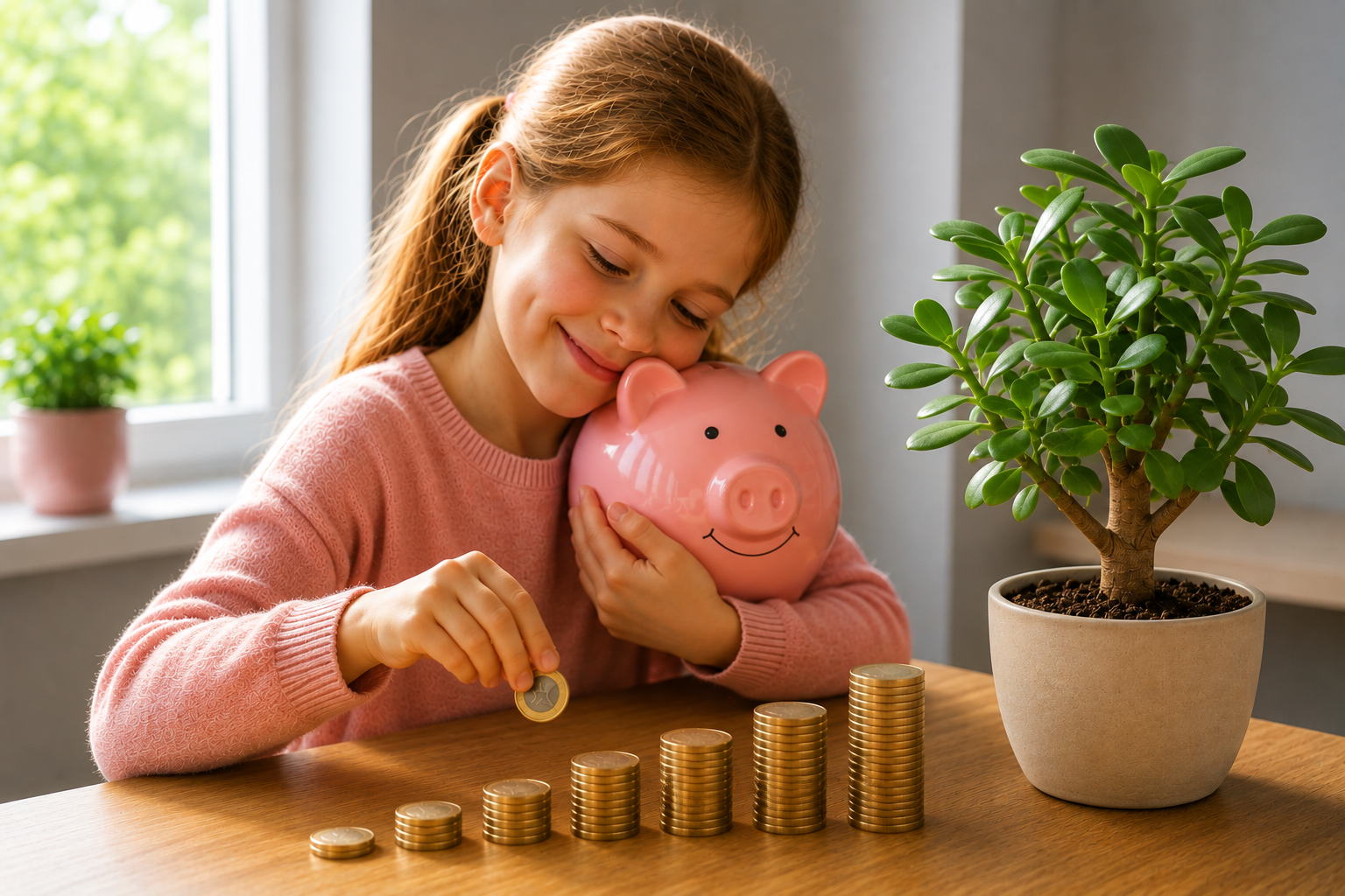 Smiling child in pink sweater hugs a piggy bank beside stacked gold coins and a small potted plant.