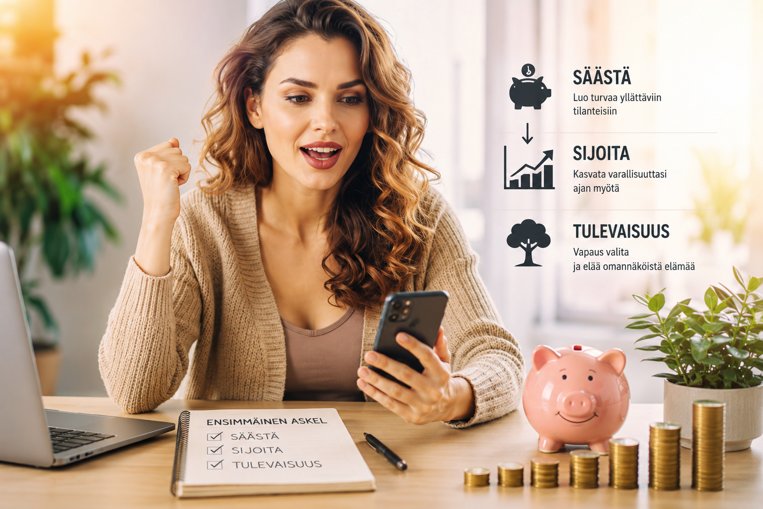 Smiling woman at desk holding smartphone, with piggy bank and checklist about saving, investing, future.