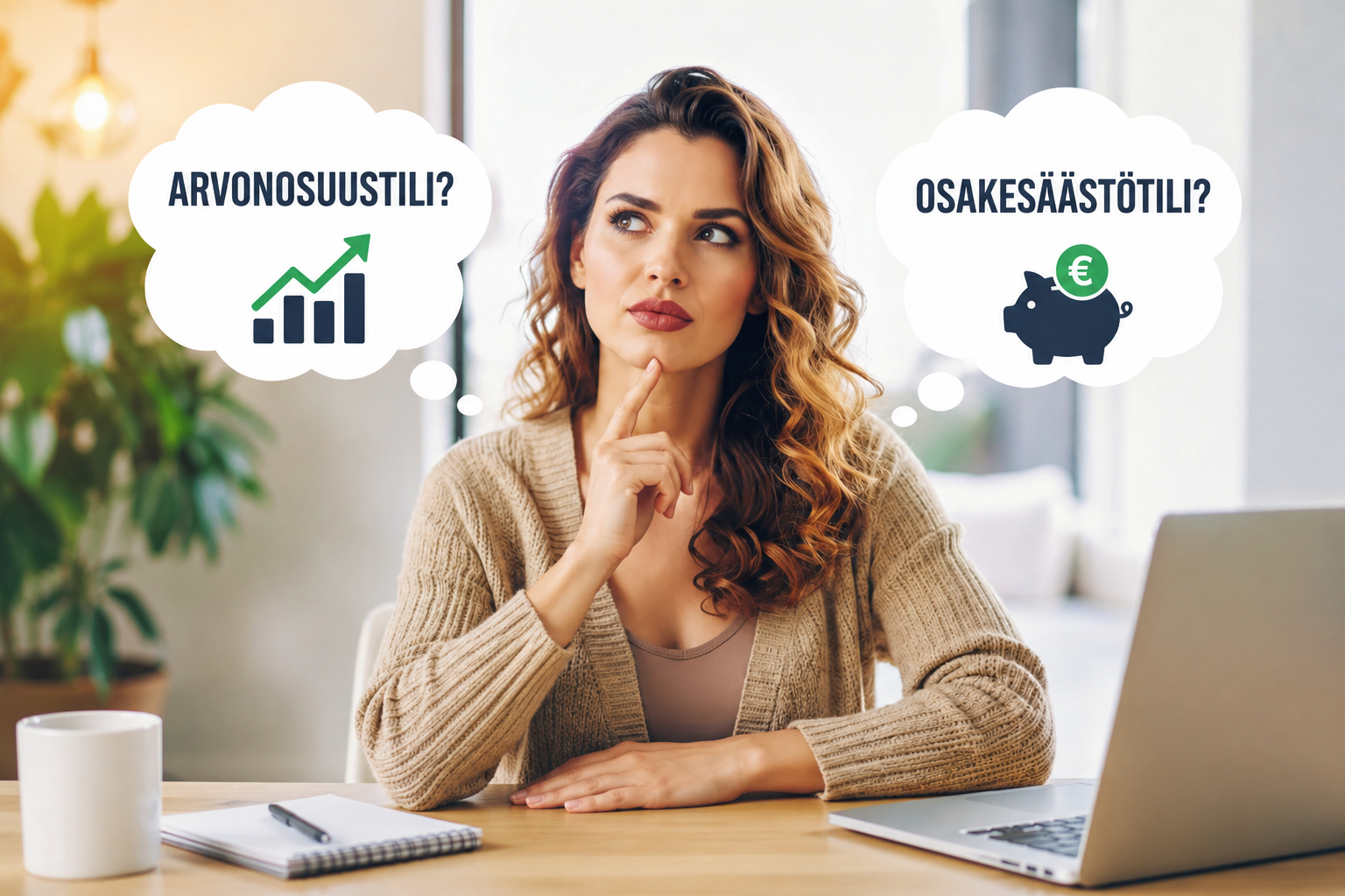 Thoughtful woman at desk with laptop, thinking about savings and investments shown in speech bubbles.