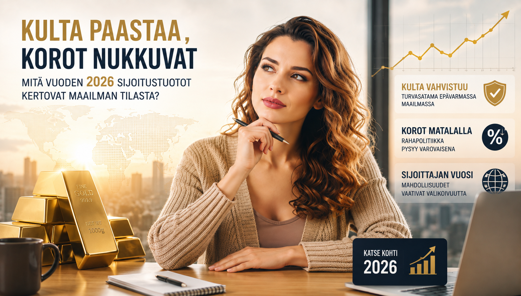 Woman in sweater at desk with gold bars, chart overlay, and 2026 investment text.