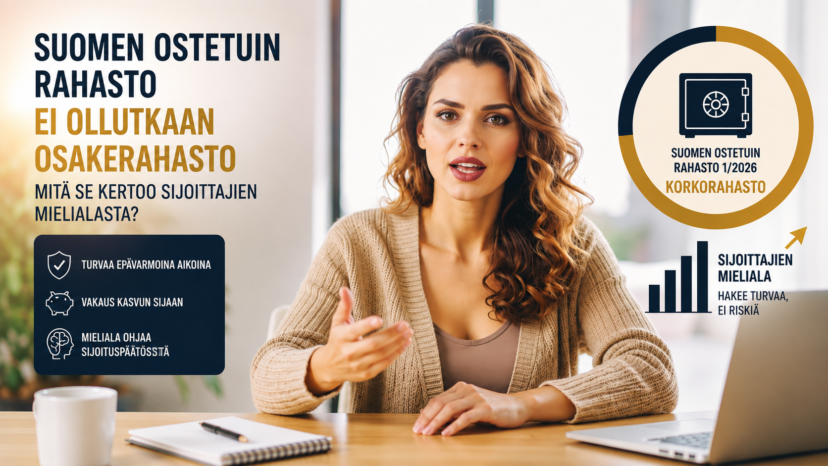 Woman in office speaking, with Finnish investment text, icons, and circular fund logo overlay.
