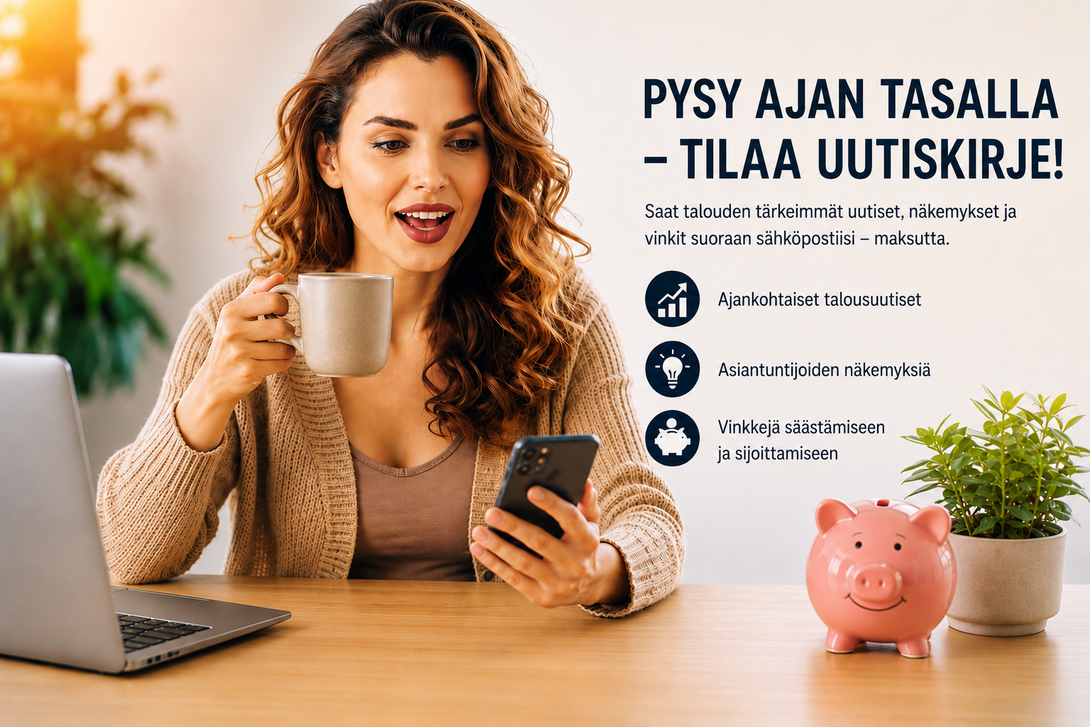 Smiling woman holding coffee mug and smartphone at desk, with piggy bank and plant beside laptop.