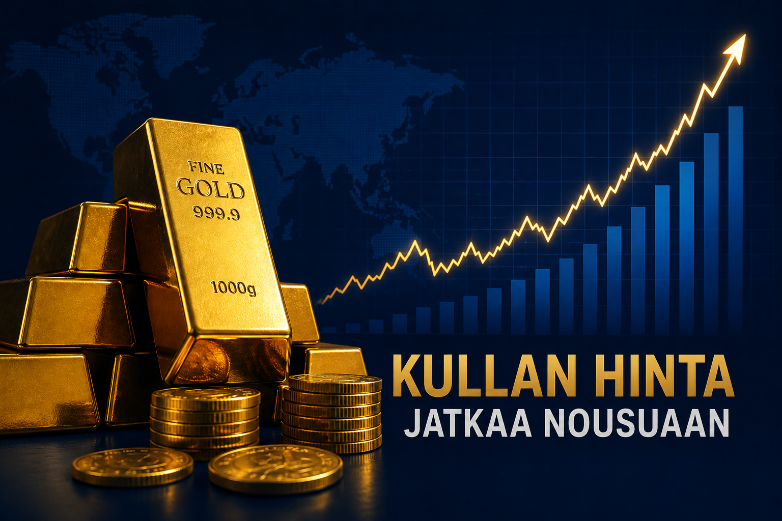 Gold bars and coins in foreground with glowing upward chart and world map background, text “KULAN HINTA JATKAA NOUSUAAAN”.