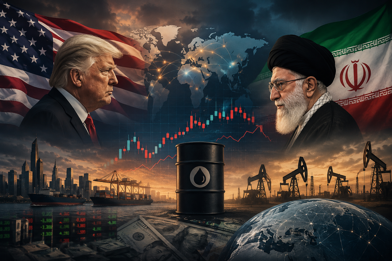 Two leaders face off beside oil barrel, global map, stock chart, and US-Iran flags.