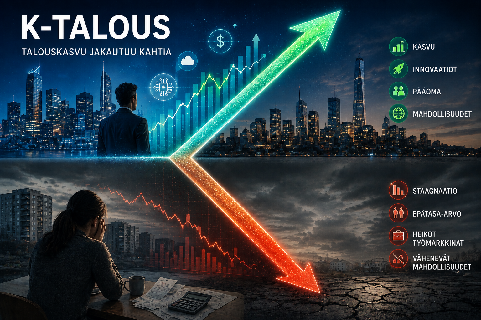 Business-themed cityscape with glowing upward chart, two people at desk, and icons for economic outcomes.