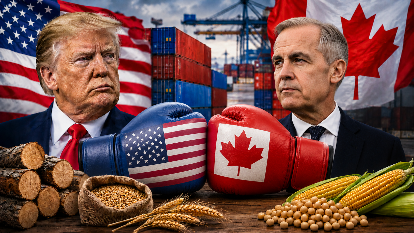 Two suited men face off with boxing gloves, flags behind, shipping containers, and corn on table.