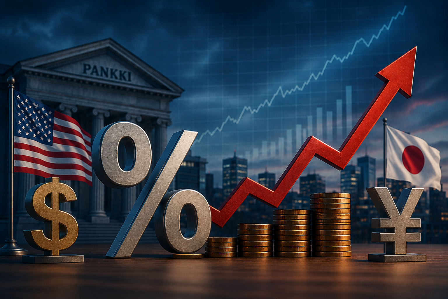 US flag, dollar symbols, yen sign, and rising red arrow over city skyline with financial chart background.