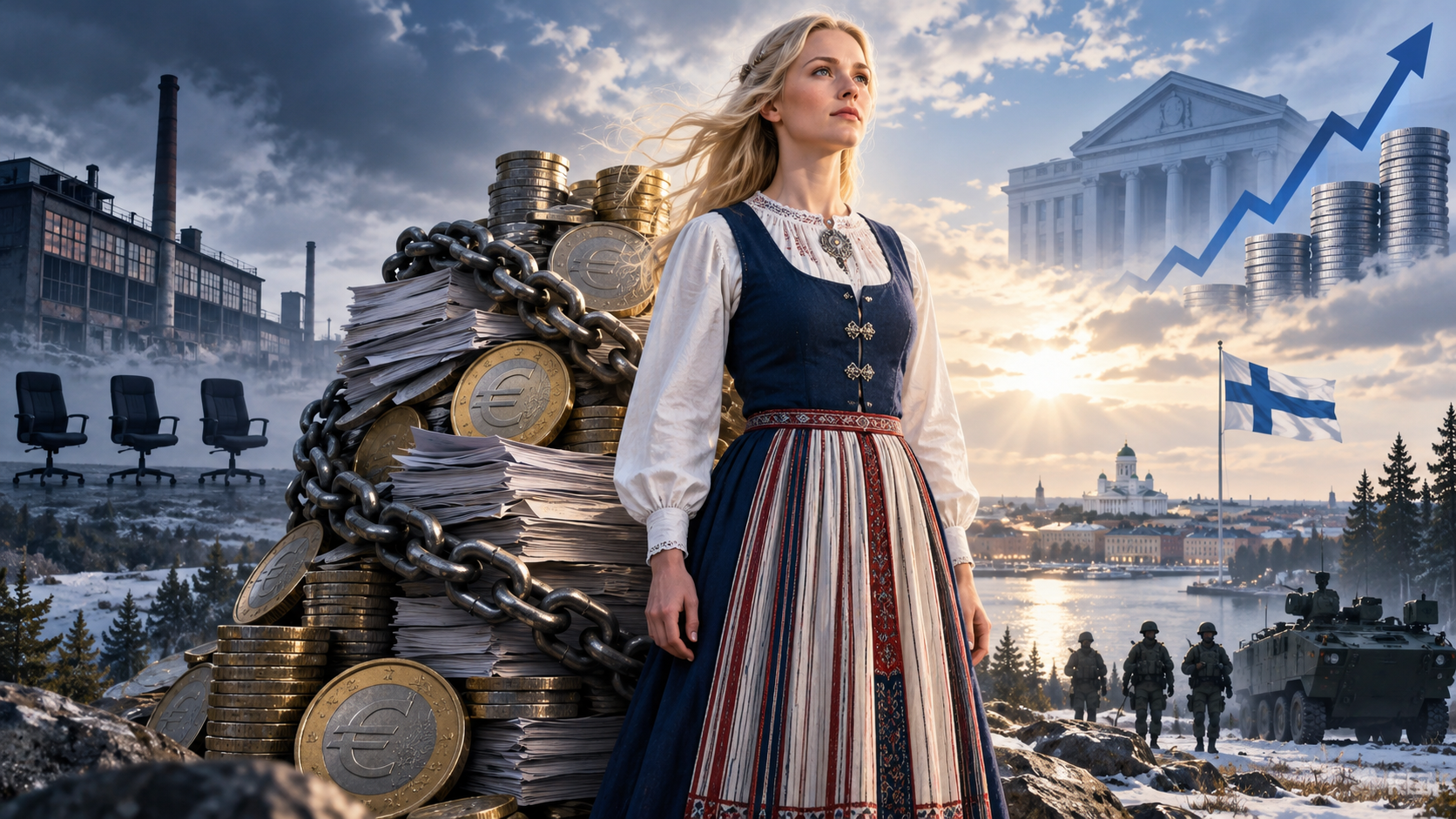 Woman in traditional dress stands beside stacked coins and chains, with soldiers and rising chart behind. Finland, Suomi, Finland's national debt