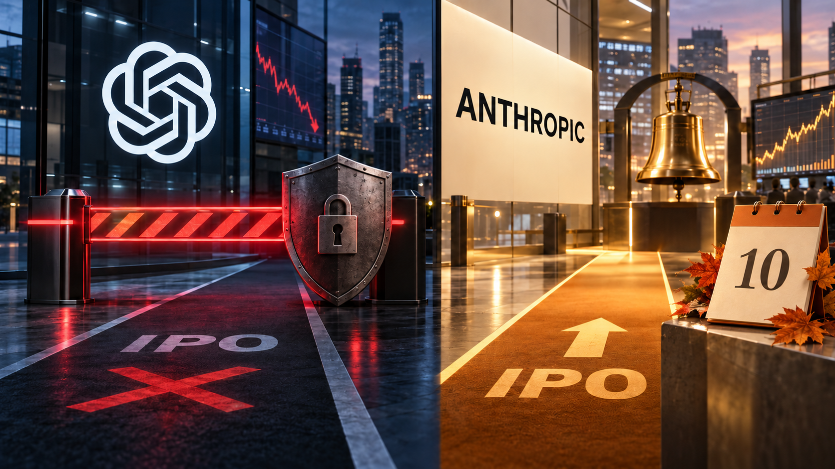 Futuristic office scene with AI logo, locked shield, stock charts, and “ANTHROPIC” sign beside a bell. ChatGPT IPO, Anthropic IPO