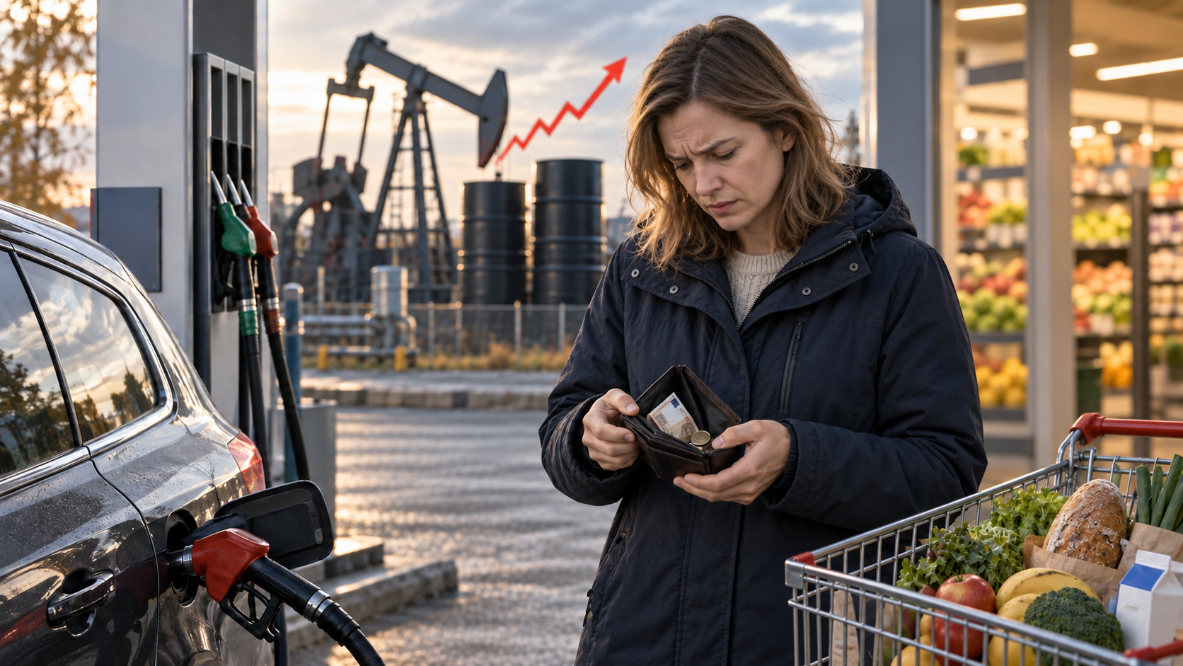 Woman holding cash and frowning near gas pump, with oil rig silhouette and rising red arrow in background.