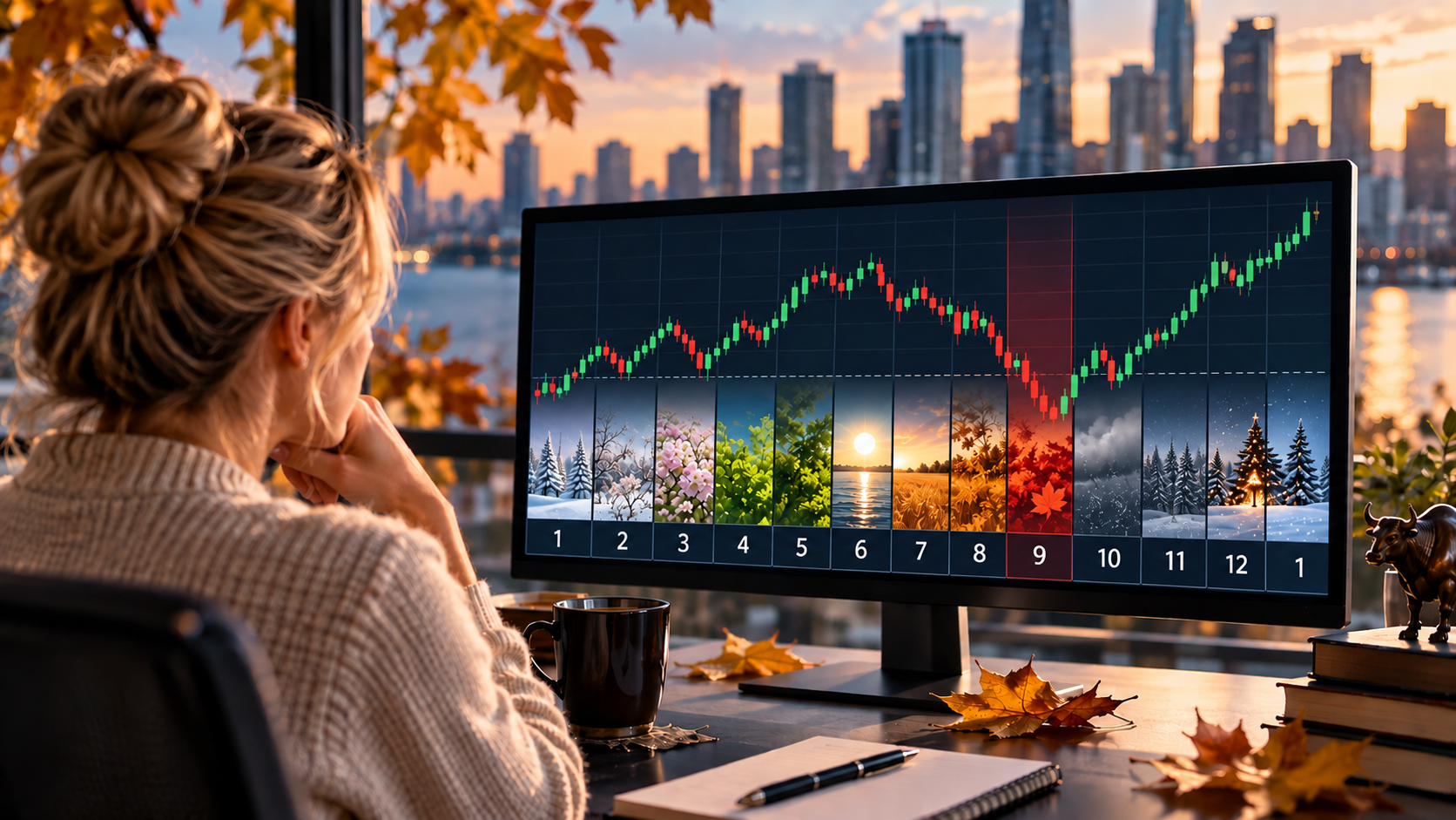 Woman watching a monitor showing candlestick stock chart with seasonal thumbnails, city skyline at sunset.